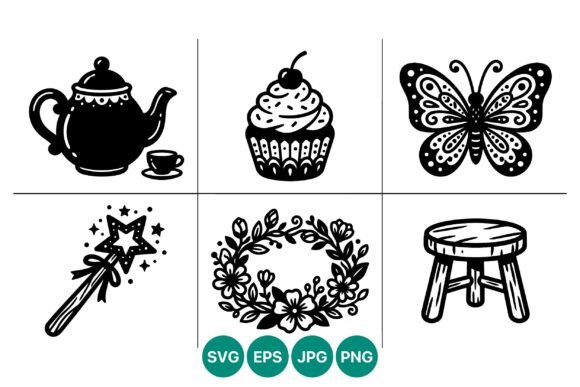 Black and White Teapot Cup Cupcake Graphics for Local Branding