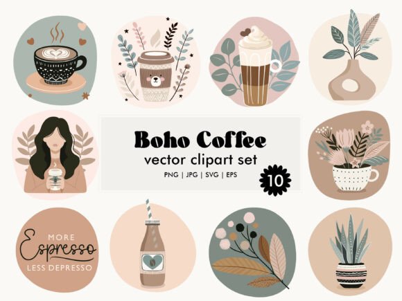 Boho Coffee Vector Clipart Set