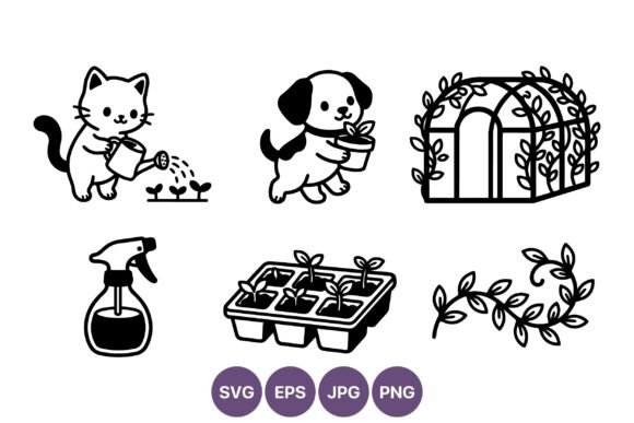 Cat and Dog Gardening Line Art Vector: Friendly Illustrations for Local Brand Graphics