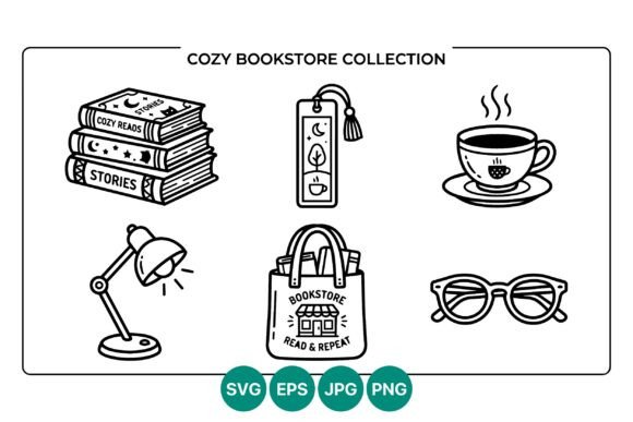Cozy Bookstore Vector Line Art Set: Elegant Graphics for Lifestyle Blogs and Editorial Design