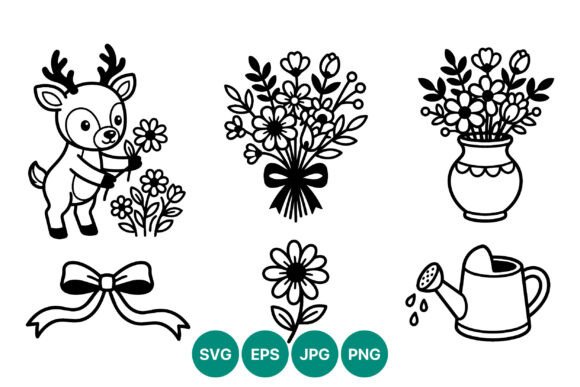 Cute Deer Holding Flower Black and White Graphics for Illustrations Lovers