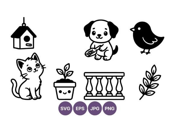Cute Kitten Dog Bird Line Art Icons: Versatile Graphics for Whimsical Branding and Illustrations