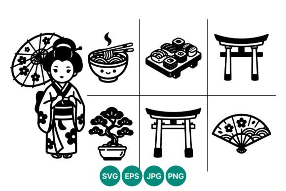 Japanese Culture Icons Black White Graphics for Commercial Illustrations