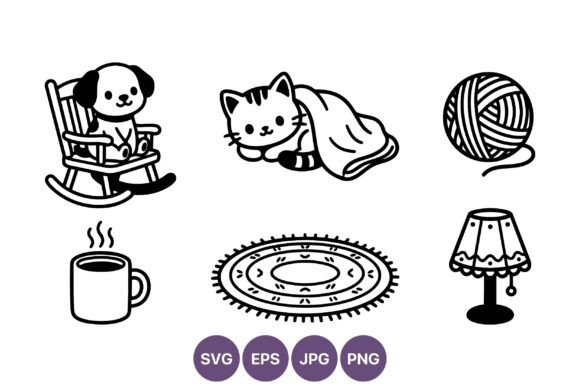 Sleeping Cat and Dog Cozy Home Line Art Graphics for Illustrations & Digital Products