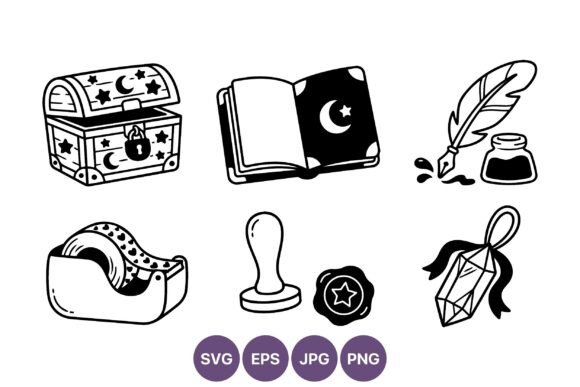 Stars Moon Magic Chest Book Quill Vector Graphics for Editorial & Web Design